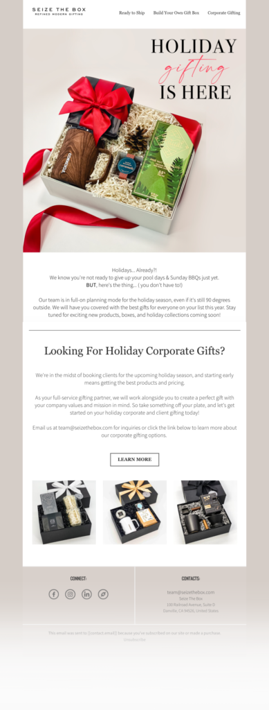 Seize The Box Work Sample - Holiday Gifting Email Marketing